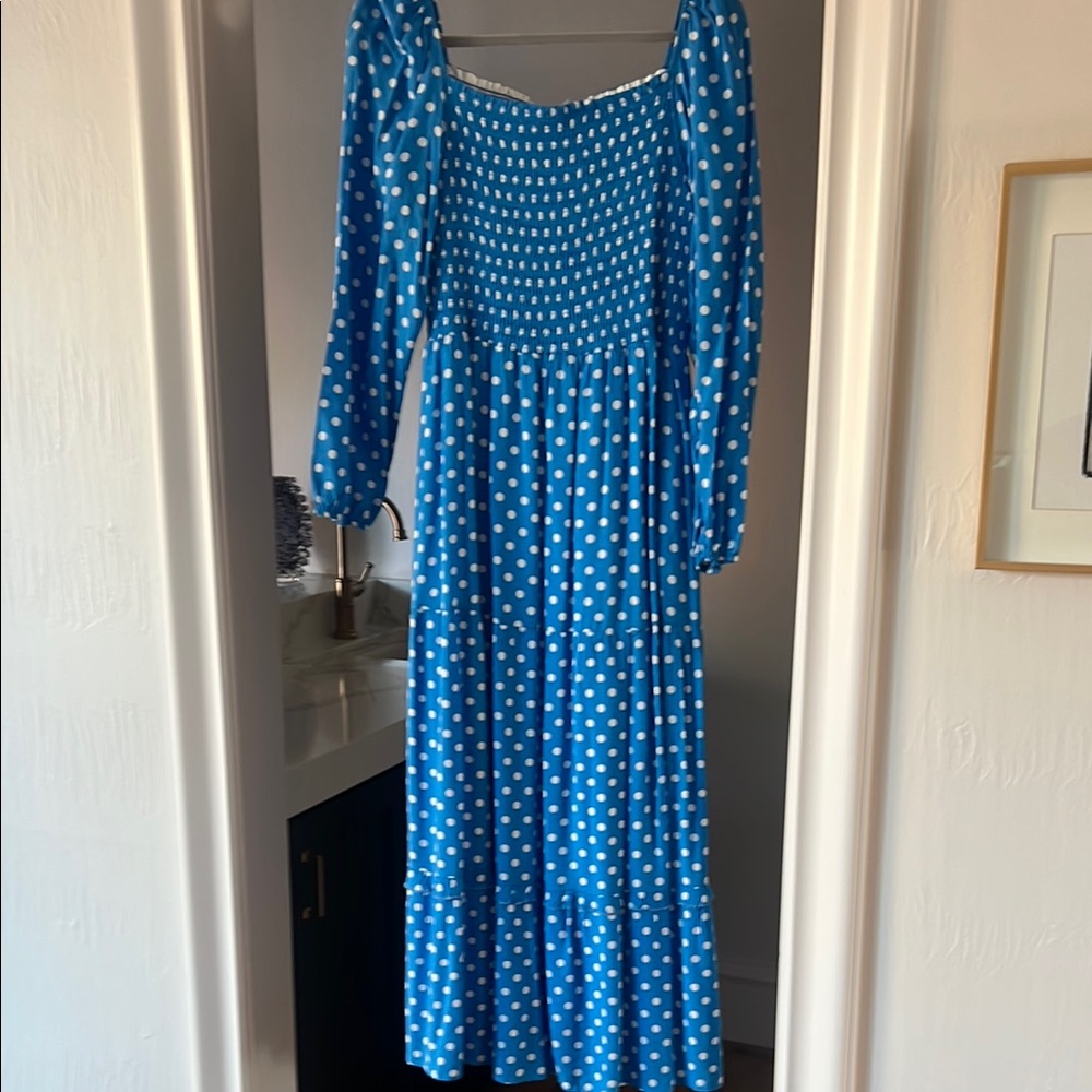 Anthropologie Blue Maxi Dress with Bishop Sleeves and Square Neck